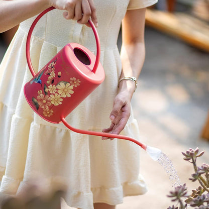 Yowon 1/2 Gallon 68oz Long Spout Stainless Steel Flower and Hummingbird Pattern Watering Can for Indoor Plant Watering or Outdoor Gardening with 2 Removable Spray Spout for Flowers Plant,Red,YW0414RP