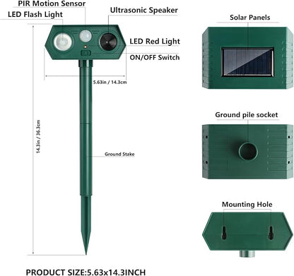 2Pack 2025 Ultrasonic Animal Repellent Outdoor Deer Repellent Devices Solar Animal Repeller Motion Activated Deterrent to Scare Cat Squirrel Rabbit Raccoon Skunk with LED Flash Lights for Yard Lawn