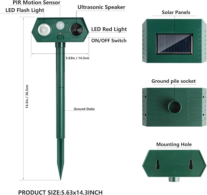 1Pack 2025 Ultrasonic Animal Repellent Outdoor Deer Repellent Devices Solar Animal Repeller Motion Activated Deterrent to Scare Cat Squirrel Rabbit Raccoon Skunk for Yard Lawn