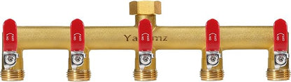 Garden Hose Splitter, 3/4” Rust and Freeze Resistant Outdoor Hose Manifold with 5 Red Extra Long Handles Faucet Adapter-Heavy Duty Brass 5-Way Valve