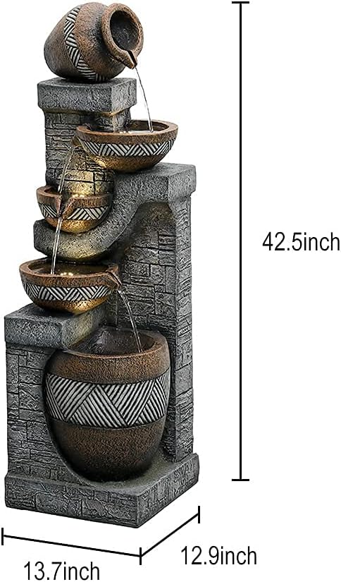 SunJet 5-Tiers Indoor/Outdoor Garden Water Fountain - 42.5inches Modern Floor-Standing Cascading Water Feature - Suitable for Deck, Patio, Porch, Yard Decor