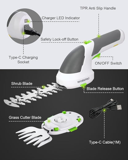 WORKPRO Cordless Grass Shear & Shrubbery Trimmer - 2 in 1 Handheld Hedge Trimmer 7.2V Electric Grass Trimmer Hedge Shears/Grass Cutter Rechargeable Lithium-Ion Battery and Type-C Cable Included