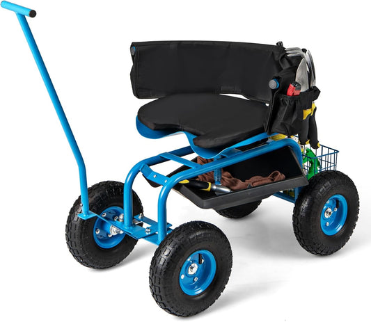 Giantex Garden Cart, Rolling Workseat with 4 Wheels, Tool Tray, Removable Cushion, Storage Basket, 2 Handles, Adjustable Height & 360 Swivel Work Seat, Gardening Stool for Patio Lawn (Blue & Black)