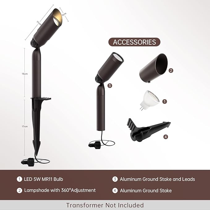 Outdoor Low Voltage Landscape Lighting - 12V Cast Aluminum Spot Lights with 5W 3000K Warm White LED Bulb Waterproof Spotlights Uplights with Wired Connectors for Yard Pathway Garden Tree Wall , 4 Pack