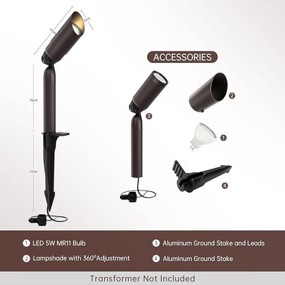 Outdoor Low Voltage Landscape Lighting - 12V Cast Aluminum Spot Lights with 5W 3000K Warm White LED Bulb Waterproof Spotlights Uplights with Wired Connectors for Yard Pathway Garden Tree Wall , 4 Pack