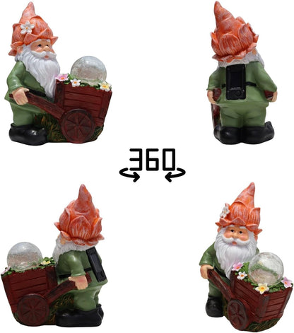 Solar Garden Gnome Statue with Crackle Glass Globe Lights, Waterproof Outdoor Decor for Patio, Lawn, or Yard, Whimsical Housewarming Gift(Green Gnomes)