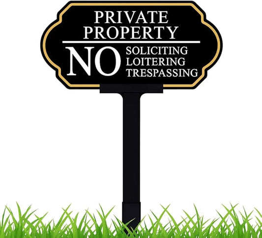 No Soliciting Sign for Front Door with Stake, Private Property No Trespassing Sign 14x7 inch/37 inch High for House and Yard (1-Pack)