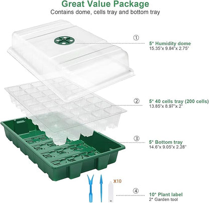 MIXC Seedling Trays Seed Starter Tray, 5-Pack Mini Propagator Plant Greenhouse Grow Kit with Humidity Vented Domes and Base for Seeds' Starting (40 Cells Per Tray, Total 200 Cells), Green