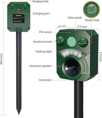 Solar Powered Animal Repeller Ultrasonic Dog Deterrent Waterproof Cat Repellent Outdoor Squirrel Deer Racoon Fox Control Device with RIP Sensor Flashing Light and 5 Modes