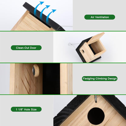 Gtongoko Hanging Wren Bird Houses for Outside, Cedar Wooden Bird Houses for Outdoors, Bird Nest with Air Vents, 1-1/8‘’ Entrance Hole, Clean Door for Wildbird Watching, 1 Pack Black