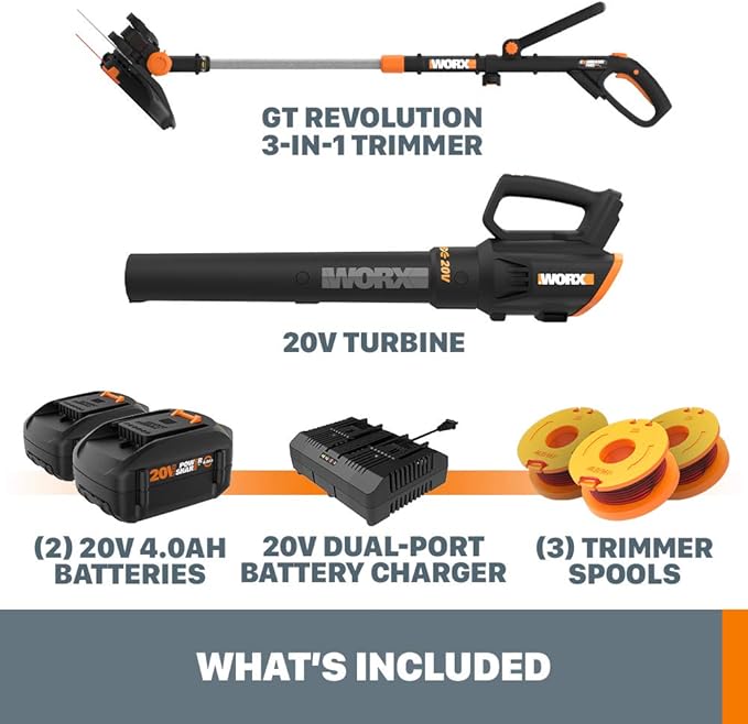 WORX 20V GT Revolution 12" 4.0Ah Cordless String Trimmer & Turbine Leaf Blower Power Share Combo Kit - WG930.3 (Batteries & Charger Included)