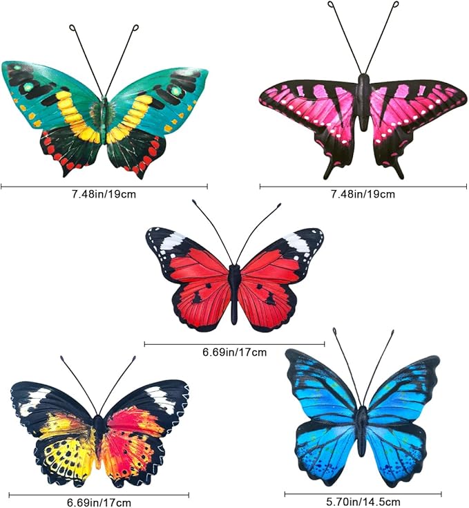 EOORAU Metal Butterfly Wall Decor - 5 Pack Lifelike Butterflies Wall Art Sculpture Hanging Decorations for Indoor or Outdoor, Yard Patio Fence Garden Decorations