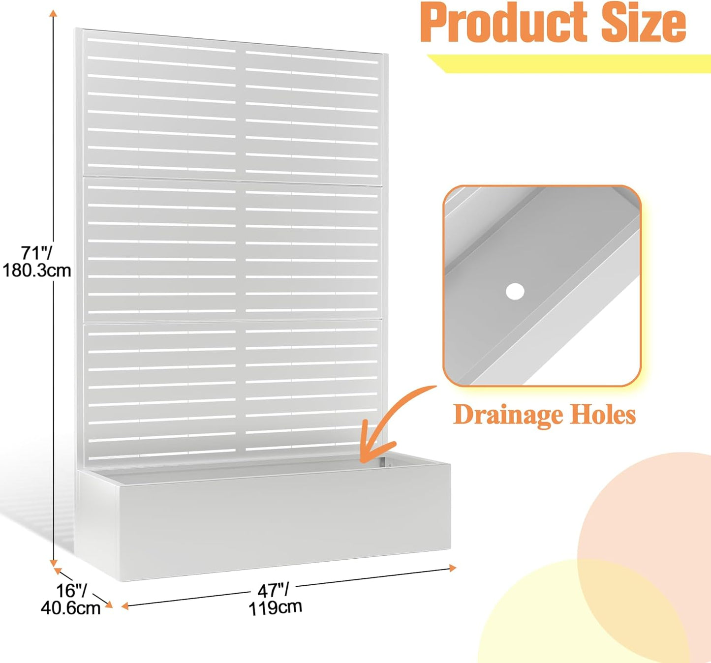 Metal Planter Box with Trellis, Raised Garder Bed with Drainage Hole, Privacy Screen & Trellis for Climbing Plants, Outdoor Plant Stands, 47''L×16''W×71''H, White