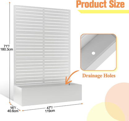 Metal Planter Box with Trellis, Raised Garder Bed with Drainage Hole, Privacy Screen & Trellis for Climbing Plants, Outdoor Plant Stands, 47''L×16''W×71''H, White