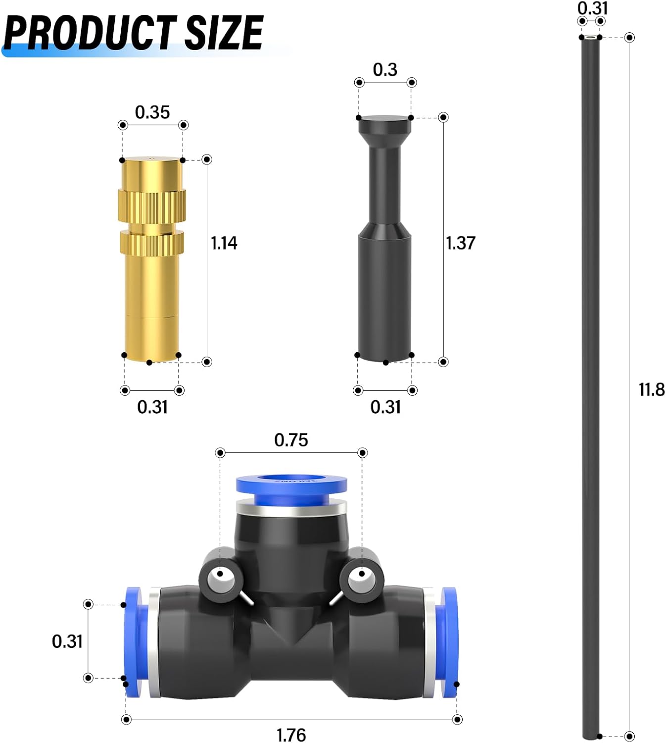 TAILONZ PNEUMATIC Brass Misting Nozzles with Tee Fittings – 12" Hose, 360° Adjustable Spray for Patio Cooling, Watering, and Outdoor Misting Systems 10PCS