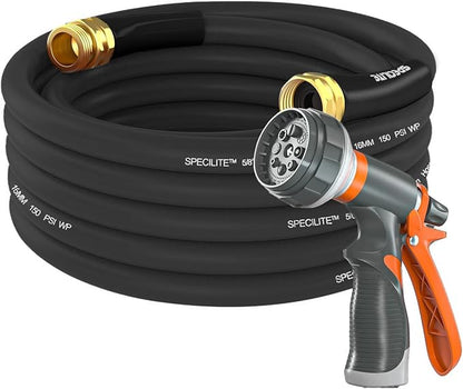 SPECILITE Garden Water Hose 25 ft x 5/8 in Heavy Duty, Flexible and Lightweight, Burst 600 psi, Kink-less Hybrid Rubber Pipe for Backyard, 3/4'' Brass Fittings, Black