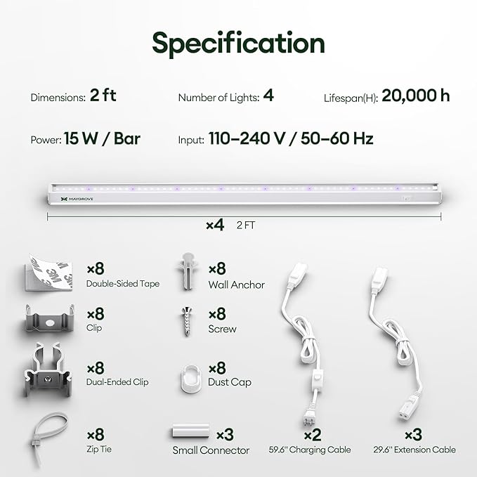 Plant Grow Lights 2FT, Blue-Rich Full Spectrum 5000K, 60W(4 x 15W), T5 LED Grow Light Strips for Indoor Plants and Succulents, High PPFD, Linkable, White, 4-Pack