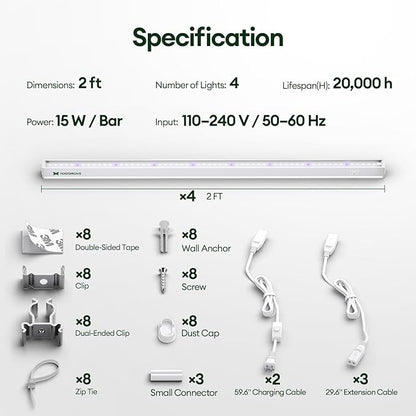 Plant Grow Lights 2FT, Blue-Rich Full Spectrum 5000K, 60W(4 x 15W), T5 LED Grow Light Strips for Indoor Plants and Succulents, High PPFD, Linkable, White, 4-Pack