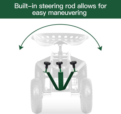 Giantex Garden Cart with Seat, Rolling Garden Seat with Wheels, Tools Basket, 360 Swivel Gardening Workseat, Adjustable Height, Wagon Scooter for Patio Lawn Yard, Outdoor Steerable Stool (Green)