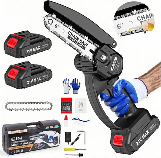 6-Inch Mini Chainsaw, Lightweight Portable (Only 2.6 lbs), Includes 2 Batteries – for Tree Trimming and Wood Cutting.The Best Gift for Fathers, Husbands, Friends, and Garden Lovers