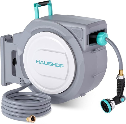 HAUSHOF Retractable Garden Hose Reel 1/2” x 130 ft, Auto-Lock at Any Length, Slow Return System, Wall Mounted and 180° Swivel Bracket for Outside Water
