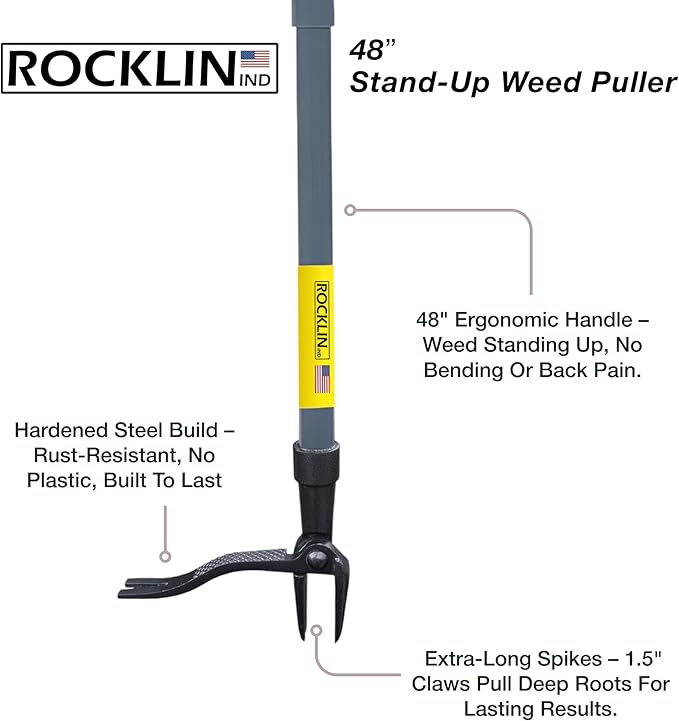 Rocklin™ Stand Up Weed Puller Tool - 4 Claw Steel Head - 48 inch Handle - 100% Metal - Easily Remove Weeds Without Bending or Kneeling (WeedPuller2.0)
