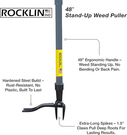 Rocklin™ Stand Up Weed Puller Tool - 4 Claw Steel Head - 48 inch Handle - 100% Metal - Easily Remove Weeds Without Bending or Kneeling (WeedPuller2.0)