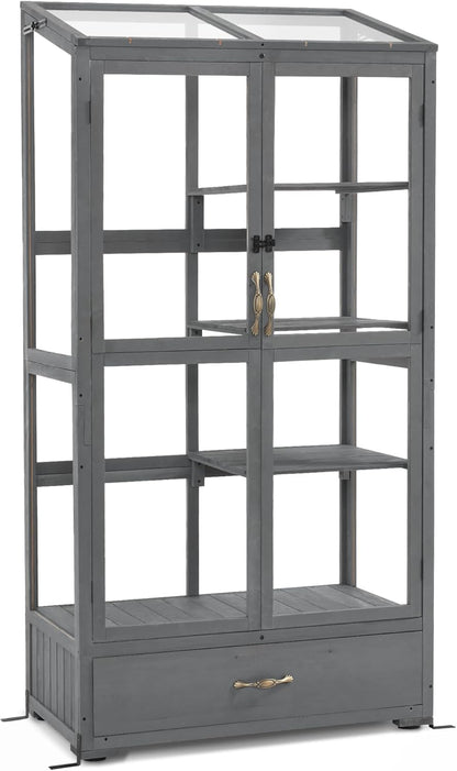 Macrout Cold Frame Greenhouse, Tall Wooden Greenhouse for Outdoor Indoor Use with Polycarbonate Panels, 3 Tier Garden Cold Frame with Drawer and Shelves, 0864 (Dark Grey)