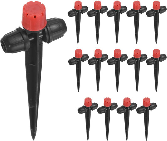 15-Pack Drip Irrigation Emitters Sprayers, Drippers on 5"/13mm Stake Adjustable 360 Degree Water Flow 8 Holes for 1/4" Drip Irrigation Tubing for Watering System [Red, Drip]