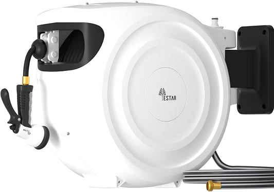Retractable Garden Hose Reel 1/2"x130 ft, Automatic Hose Reel with 7 Pattern Nozzle,Any Length Lock Wall Mounted &180 Deg Swivel