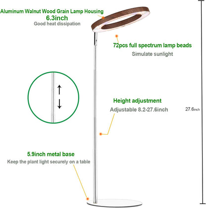yadoker 72 LEDs Plant Grow Light for Indoor Plant,Aluminum Walnut Wood Grain Desk LED Grow Light, Height Adjustable,6.3" Aluminum Housing,Automatic Timer with 8/12/16 Hours,10-Level Brightnes