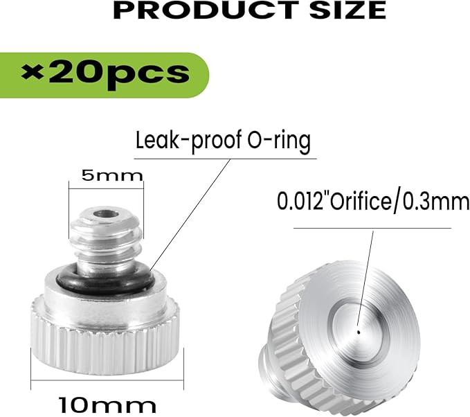 20 Pcs Brass Misting Nozzles for Outdoor Cooling System,0.012 Orifice (0.3 mm) 10/24 UNC Mister Nozzles Sprinklers for Greenhouse Patio Misting System