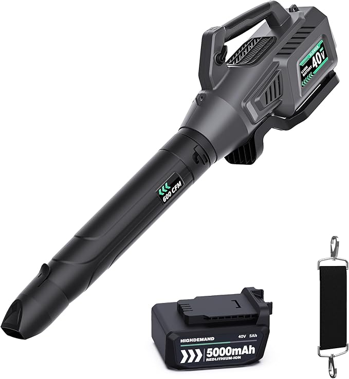 Leaf Blower Cordless, 40V 600CFM &180MPH Electric Leaf Blower with 5.0Ah Battery, Fast Charger and Extension Tube for Blowing Leaves Snow for Yard Garden Lawn Care, Grey