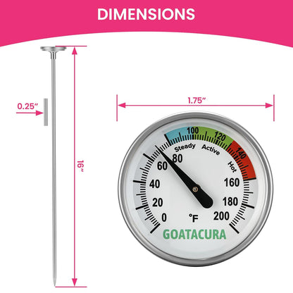 Compost Soil Thermometer, 304 Stainless Steel Case and Probe,1.75" Dial Size, 16" Stem Length, 0-200 Deg F, 3 Temperature Zones