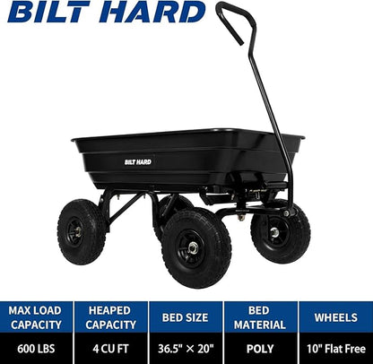 BILT HARD 4 Cu.Ft. 10" No-Flat Tires Poly Yard Dump Cart with 180° Rotating Handle, 600 lbs Capacity Heavy Duty Garden Carts and Wagons
