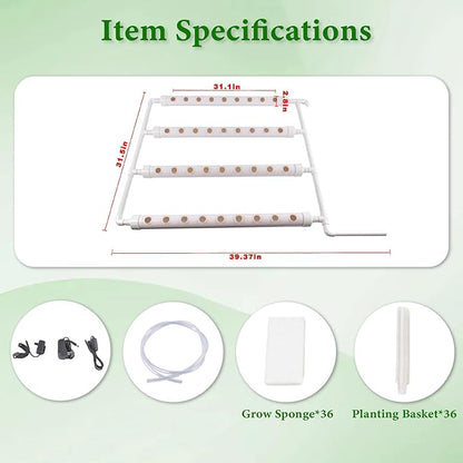 Wall-Mounted Hydroponic Grow Kit, 1 Layers 36 Plant Sites 4 Food-Grade PVC-U Pipes Hydroponics Planting System with Water Pump, Pump Timer, Nest Basket and Sponge for Leafy Vegetables