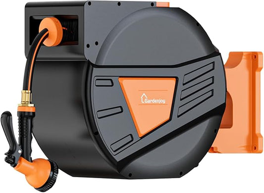 GARDENJOY Retractable Garden Hose Reel, 65 ft x 1/2 inch Heavy Duty Garden Hose with 180°Swivel Wall Mounted Bracket, 10 Pattern Sprayer Nozzle, Any Length Lock & Slow Return System
