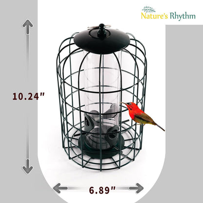 Nature's Rhythm Outdoor Hanging Bird Feeder Cage PC Tube Squirrel Proof Wild Bird Feeder with Large Metal Seed Guard Deterrent