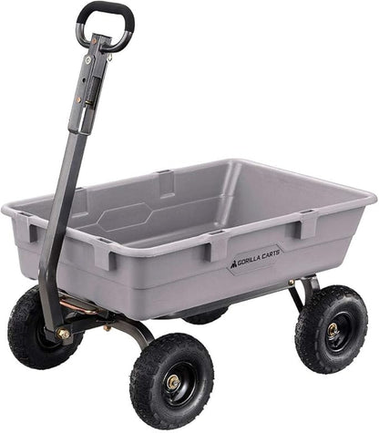 Gorilla Carts Heavy-Duty Poly Dump Cart, 5 Cu Ft Tub, 800 lb Haul Capacity, Gray – Towable Utility Wagon with Quick-Release Dumping & Pneumatic Tires for Yard, Landscaping and Gardening