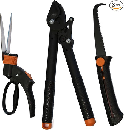 Garden Scissors-Clippers Set of 3 Trimming-Gardening Tools, Garden-Pruning Shears-Pruners for Gardening, Loppers for Tree Trimming Heavy Duty, Retractable Pruning Saw for Wood Cutting