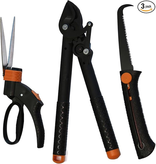 Garden Scissors-Clippers Set of 3 Trimming-Gardening Tools, Garden-Pruning Shears-Pruners for Gardening, Loppers for Tree Trimming Heavy Duty, Retractable Pruning Saw for Wood Cutting