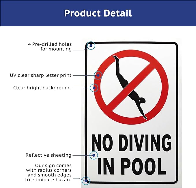 No Diving in Pool Metal Sign Gifts for Pool Owners- 12x8in No Diving Warning Tinplate Decor for Outdoor Pools