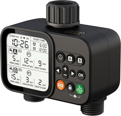 2 Zone Sprinkler Timer for Garden Hose, 8 Programmable Hose Water Timer with Auto Rain Delay, 3.3“ Large LCD Display Digital Irrigation System for Plant, Yard, Lawns, Outdoor