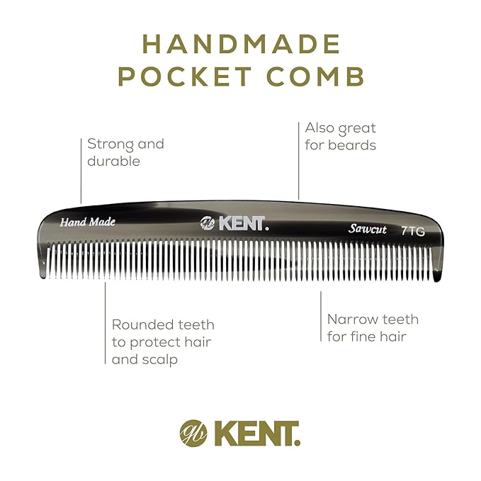 Kent 7T G All Fine Tooth Pocket Comb - Handmade Hair Grooming and Styling Comb for Travel, Mustache, Beard - Saw Cut and Hand Polished for Wet or Dry Use with Balms