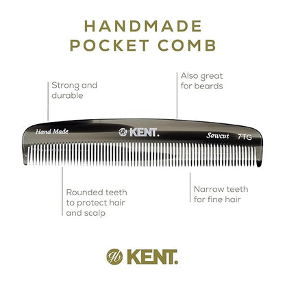 Kent 7T G All Fine Tooth Pocket Comb - Handmade Hair Grooming and Styling Comb for Travel, Mustache, Beard - Saw Cut and Hand Polished for Wet or Dry Use with Balms