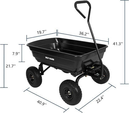 BILT HARD 4 Cu.Ft. 10" No-Flat Tires Poly Yard Dump Cart with 180° Rotating Handle, 600 lbs Capacity Heavy Duty Garden Carts and Wagons
