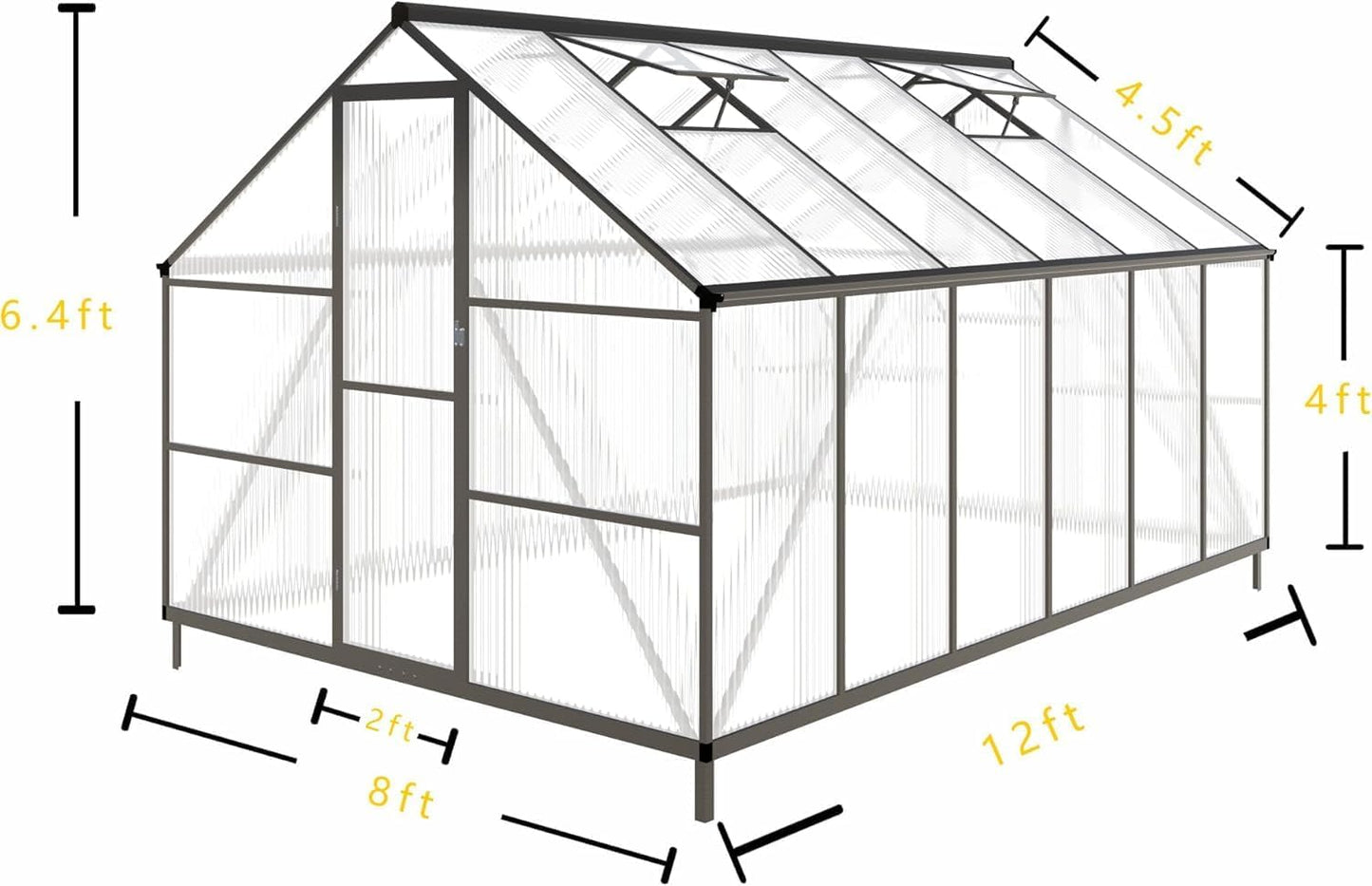CQZY 8x12 FT Greenhouse for Outdoors, Polycarbonate Greenhouse with Quick Setup Structure and Roof Vent, Aluminum Large Walk-in Green House for Outside Garden Backyard, Dark Gray