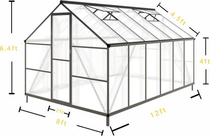 CQZY 8x12 FT Greenhouse for Outdoors, Polycarbonate Greenhouse with Quick Setup Structure and Roof Vent, Aluminum Large Walk-in Green House for Outside Garden Backyard, Dark Gray