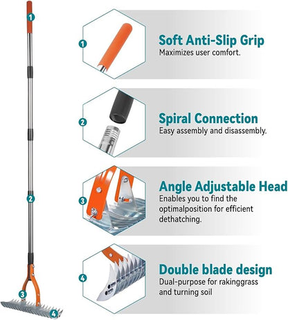 Thatch Rake for Lawns, Yofidra 15" Heavy Duty Metal Dethatcher Rake with 5FT Handle, 70’’ Adjustable Manual Thatcher with 19-Tine for Lawn Loosening Soil, Yard and Removing Dead Grass