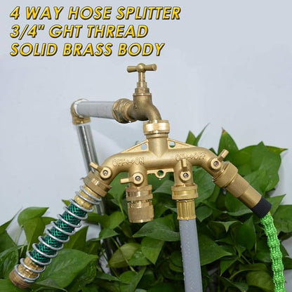 HQMPC 4 Way Hose Splitter 3/4" GHT Garden Hose Splitter 4 Way Solid Brass Hose Connector Heavy Duty Hose Spigot Adapter With 4 Valves 8 Gaskets +2 Seal Tapes